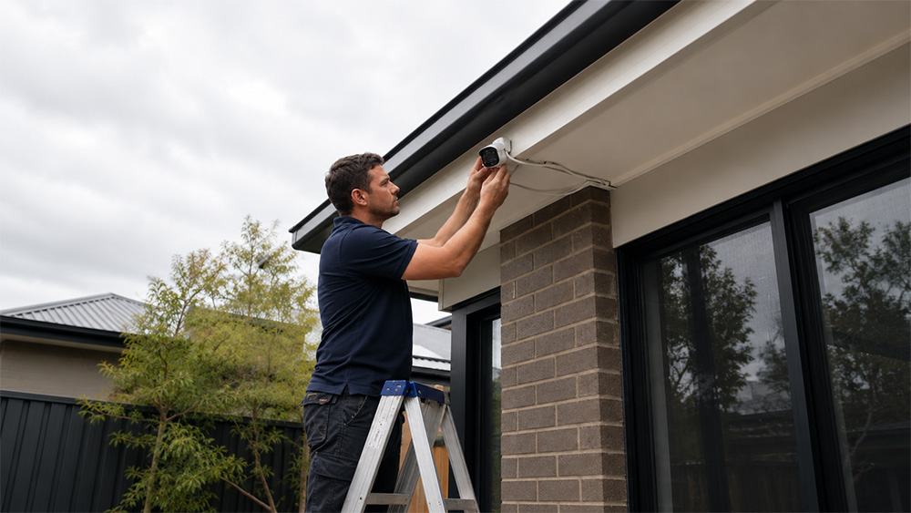 Technician installing CCTV cameras at a Melbourne property for home and business security camera coverage.