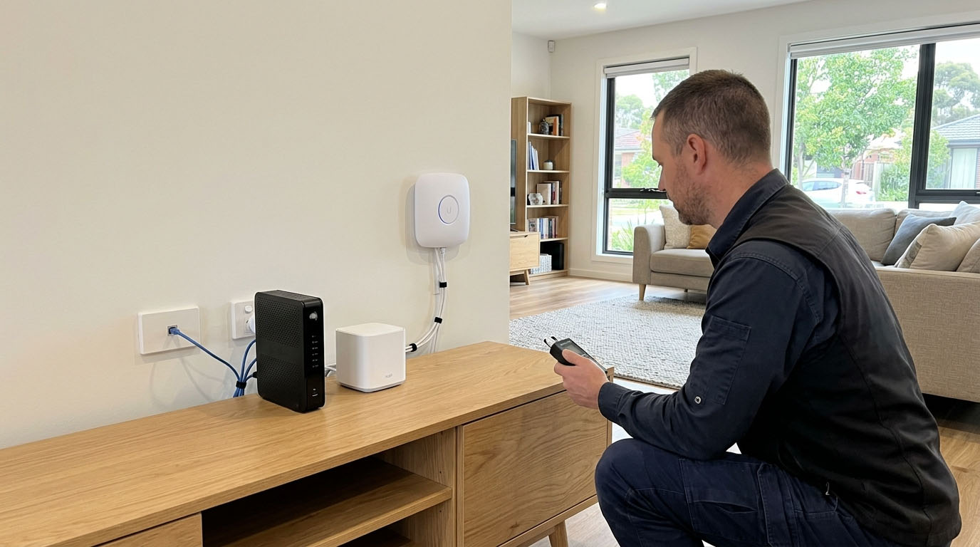 Technician checking a wall-mounted Wi-Fi access point inside a modern home during a network setup.