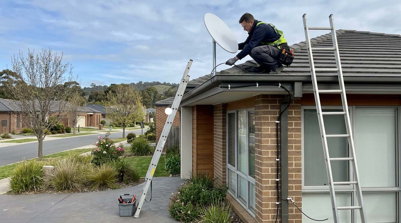 Technician setting up a Starlink dish and checking the connection at a Melbourne property.