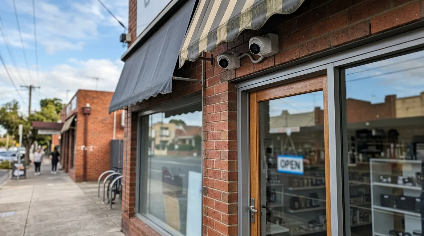 A small security camera fixed above the front door of a Melbourne retail shop, viewed from the footpath