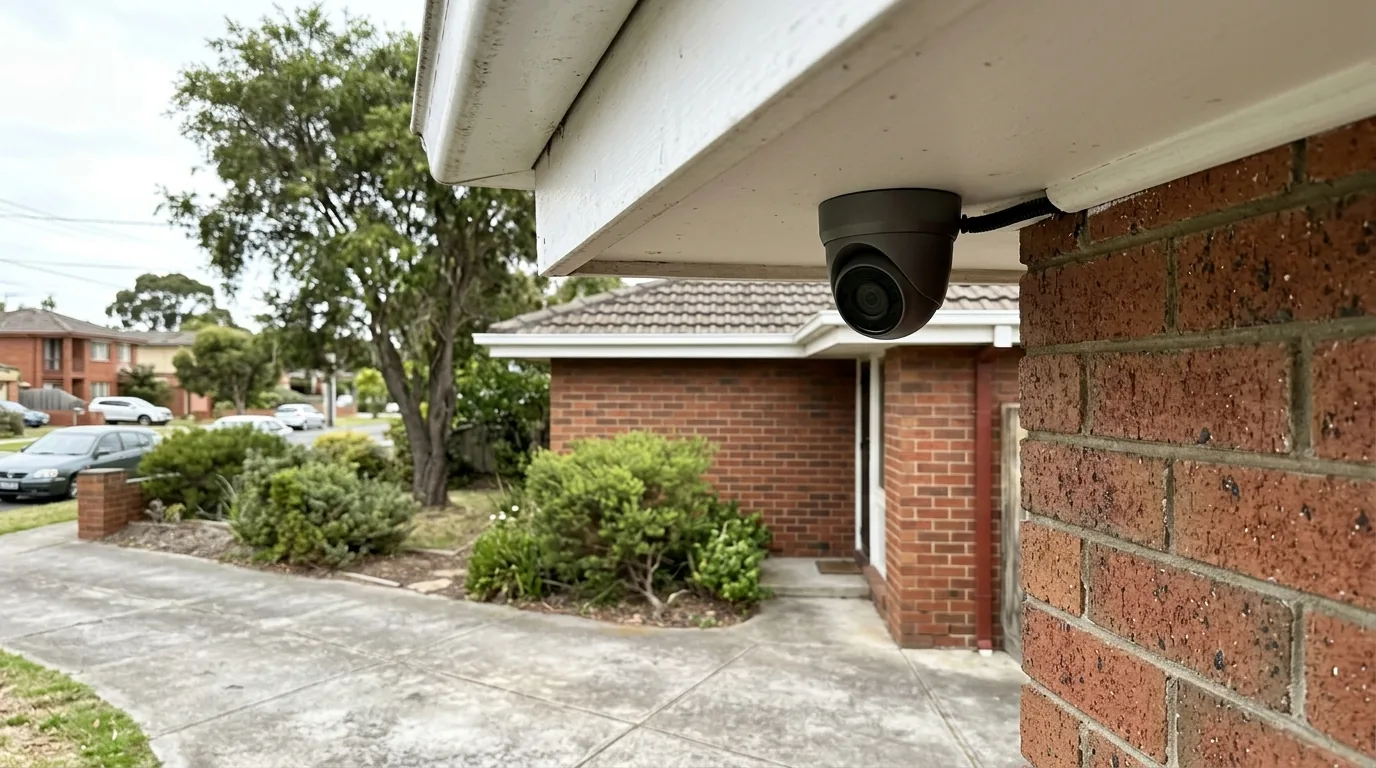 Small security camera fixed under a house eave overlooking a driveway