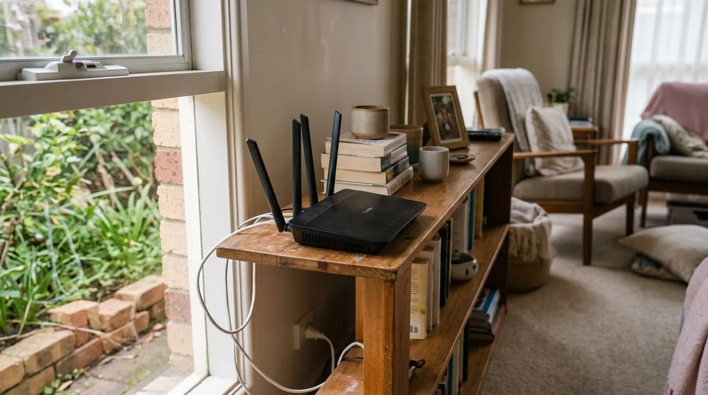 Wi-Fi router sitting on an open shelf in a bright Melbourne living room