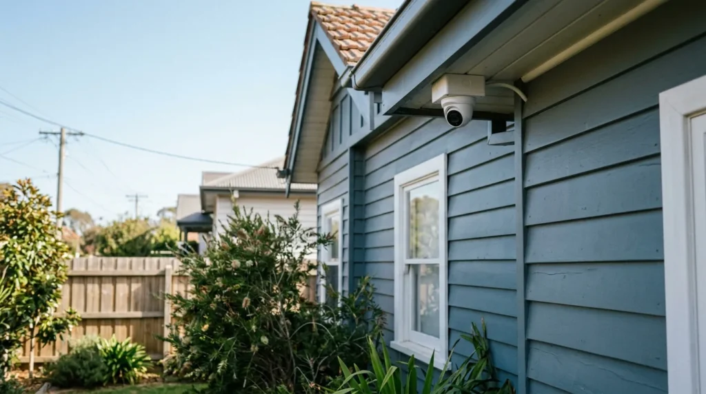 Security camera mounted under the eaves of a suburban Melbourne home during daylight