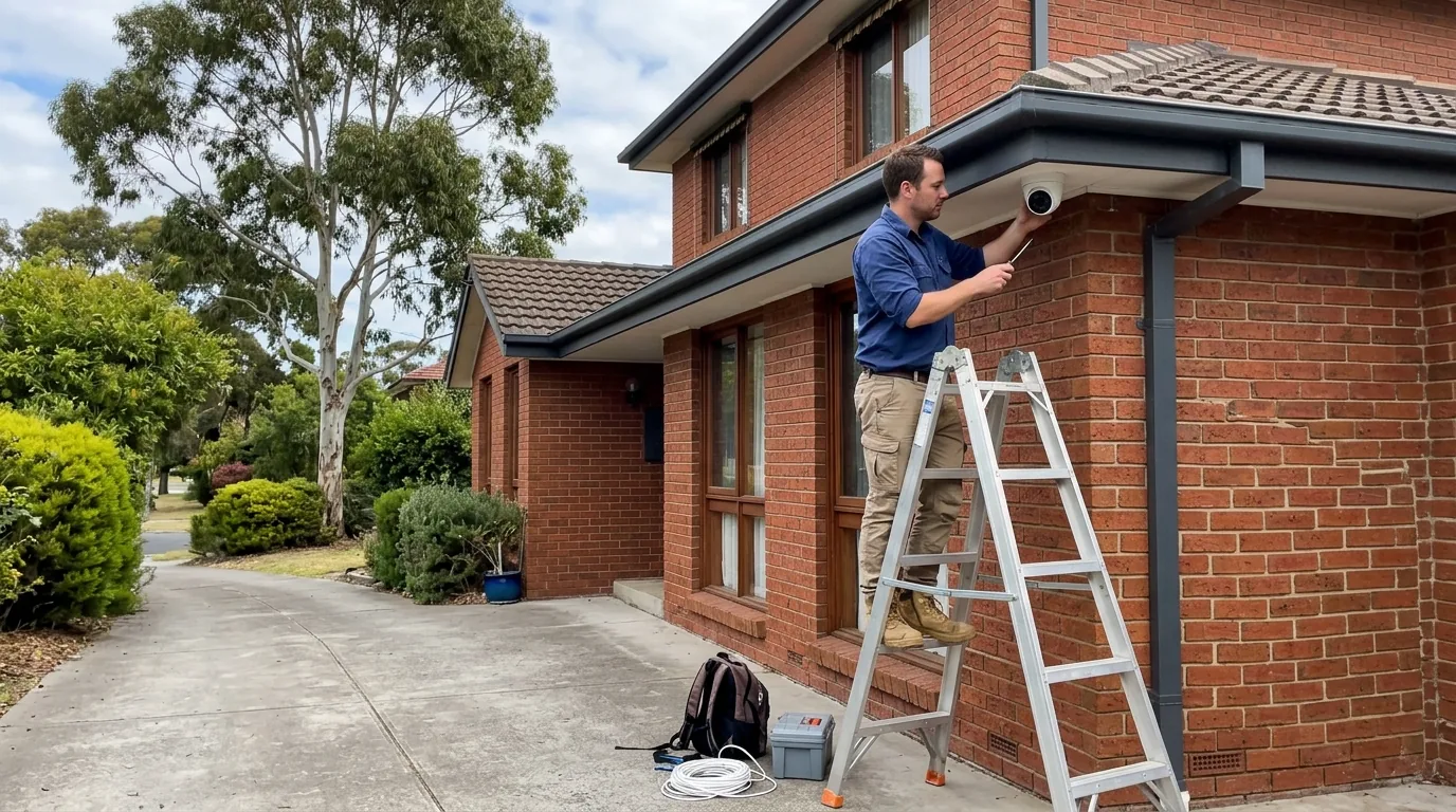 Person adjusting a security camera mounted under the eaves of a suburban Melbourne house