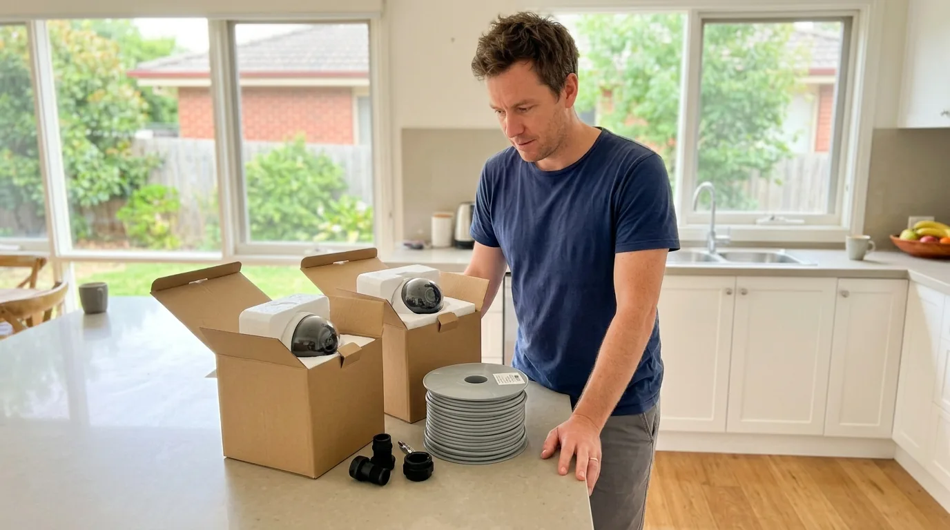 Australian homeowner reviewing boxed security cameras on a kitchen bench before installation