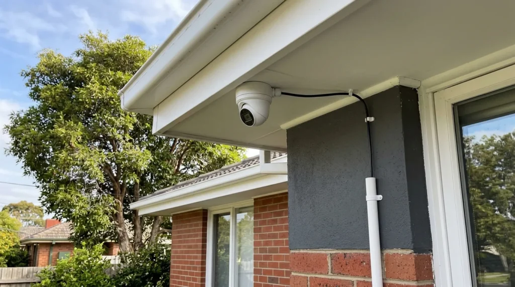 Ethernet cable running along a wall to a security camera mounted under the eaves of a house