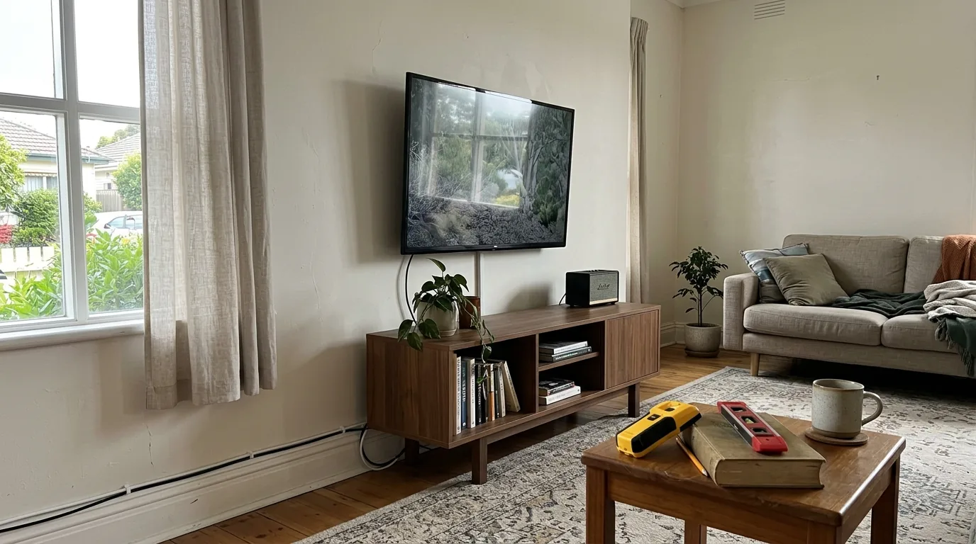 A mounted flat-screen TV in an Australian living room with a stud finder and spirit level nearby