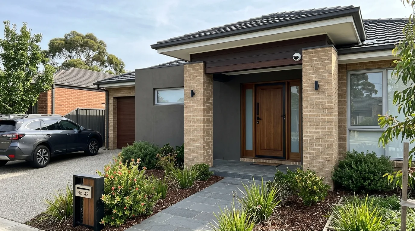 Wall mounted security camera outside an Australian home with a Wi-Fi router visible through a window
