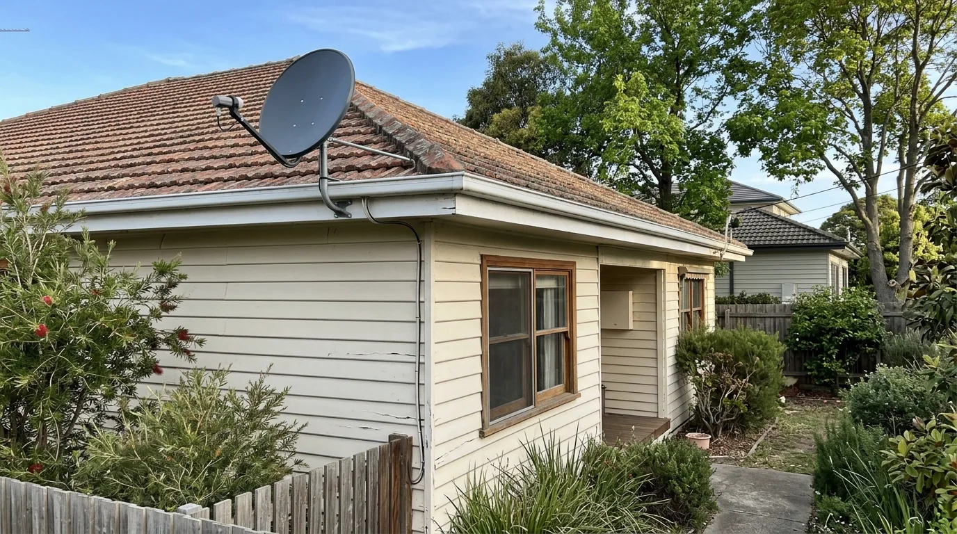 Technician checking a satellite dish mount on the exterior of a suburban Melbourne home during a Foxtel installation appointment