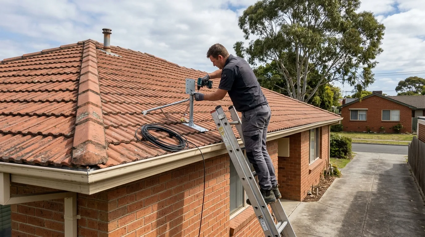 Installer securing a Starlink dish mount on a tiled roof of a Melbourne home