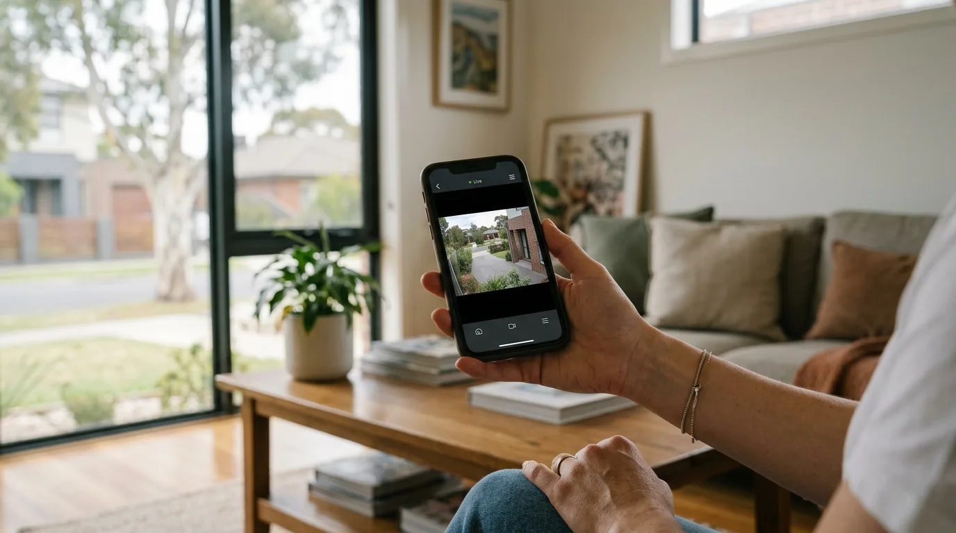 Person checking a CCTV camera app on a smartphone inside an Australian home