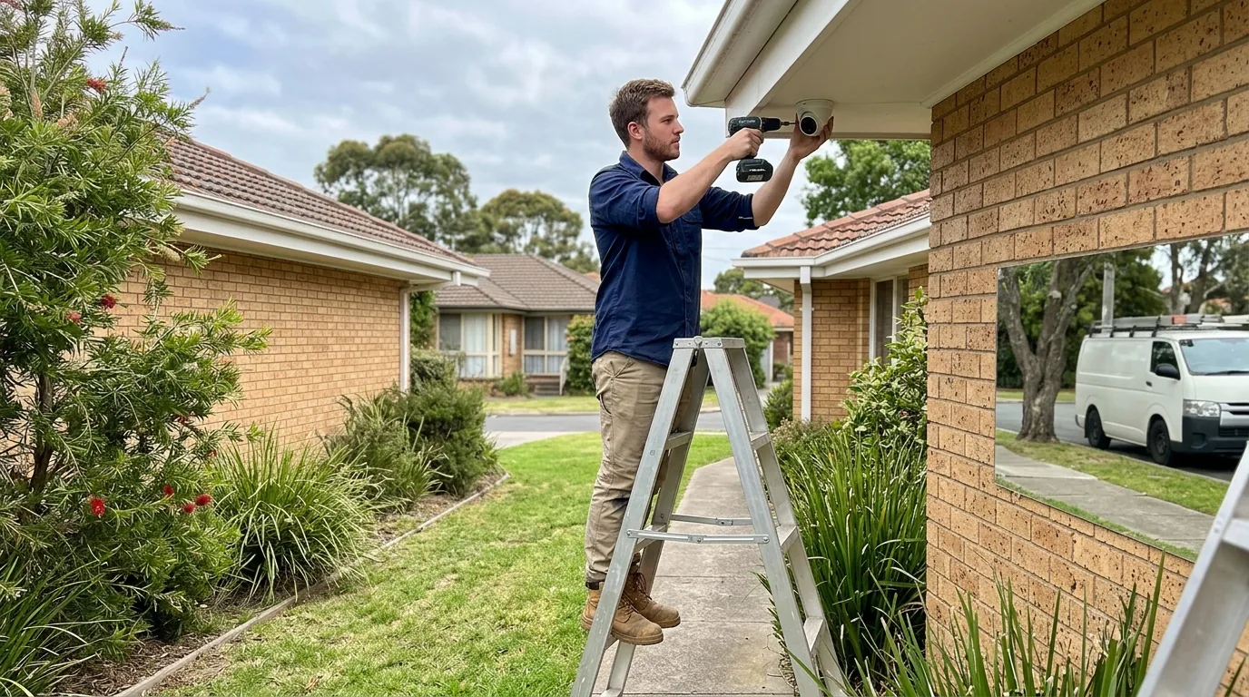 Tradesperson fitting a CCTV camera under the eaves of a suburban Melbourne home during daytime