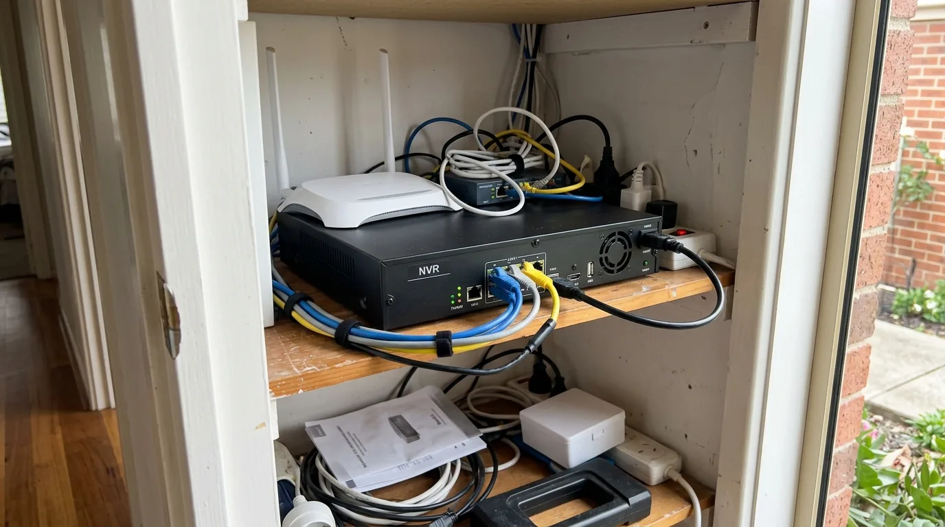 NVR recorder connected to network cables in a home security cupboard