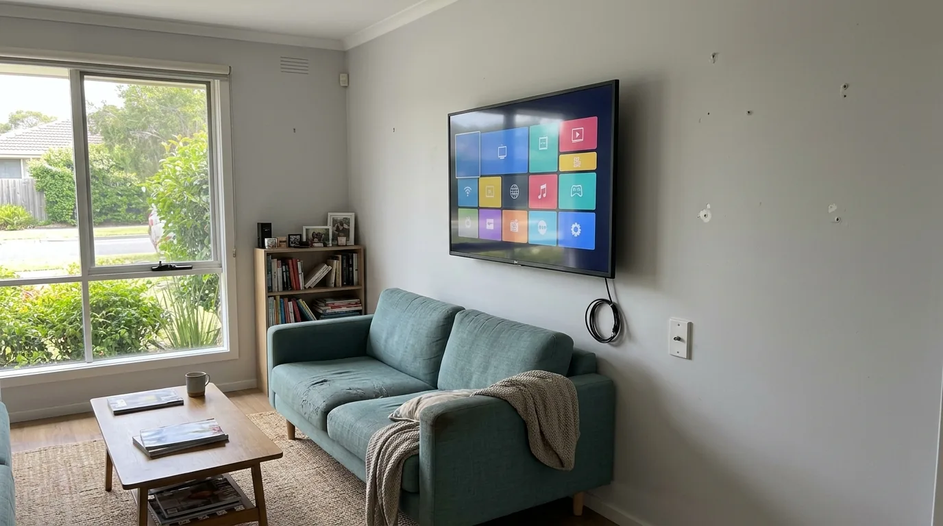 A smart TV mounted in a Melbourne living room showing a home screen with streaming apps, with a coaxial cable visible near the wall