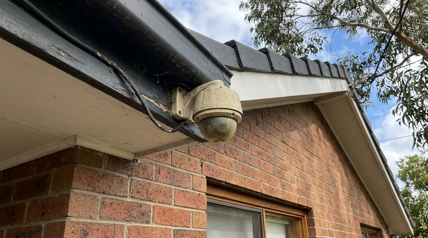 Weathered CCTV camera mounted on a brick house eave, viewed from below in daylight