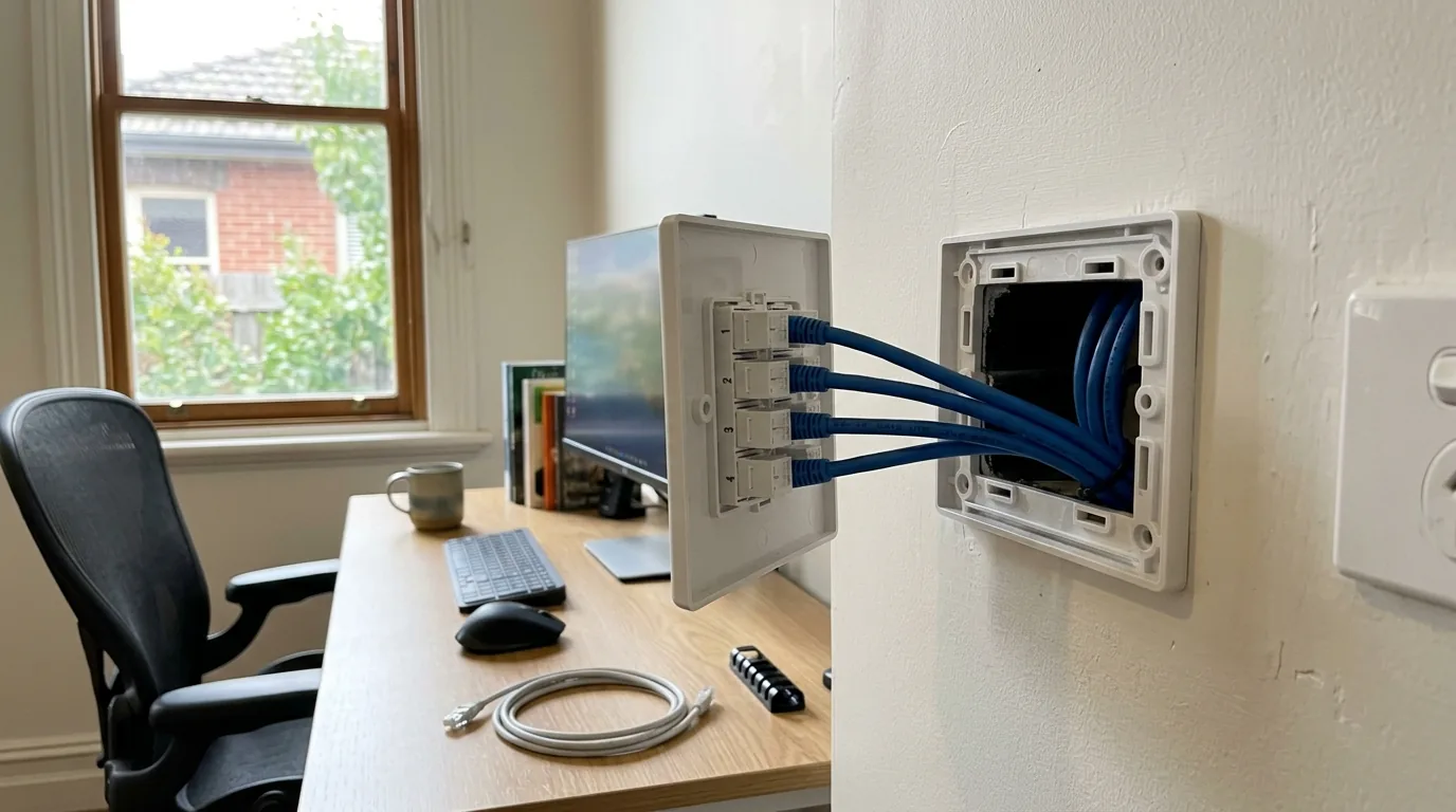 Open wall cavity showing organised network cabling running to a data outlet in a Melbourne home