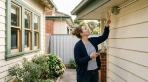 Person standing near an outdoor power point checking the eave of a Melbourne home before a CCTV camera installation