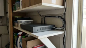 A CCTV recorder and cabling installed inside a cupboard in an Australian home
