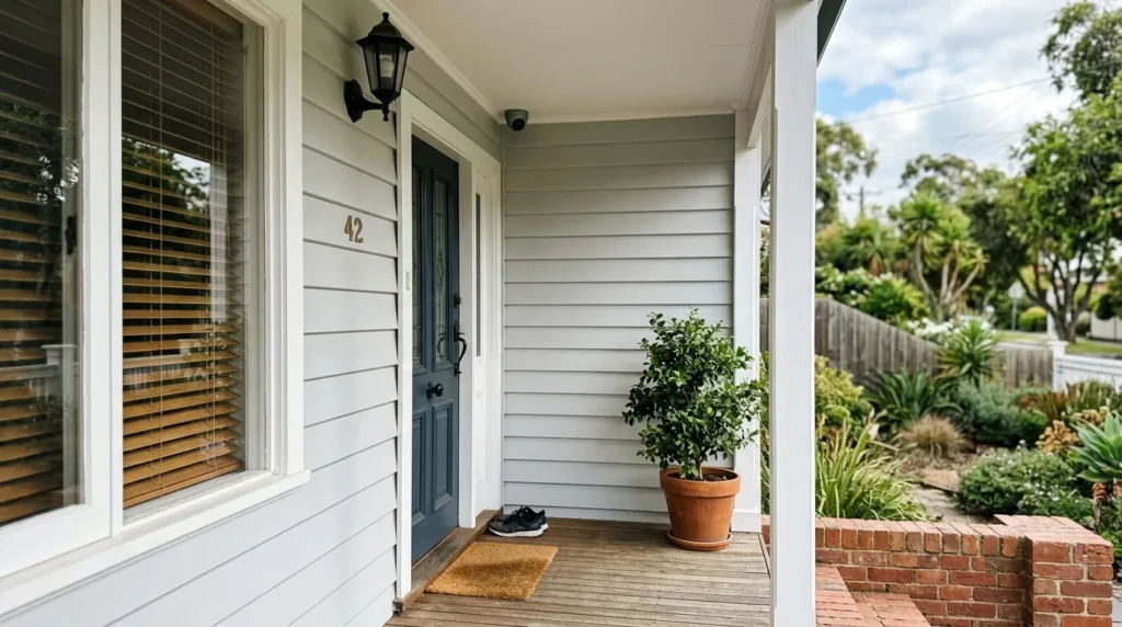A dome security camera fixed under the eave of a suburban Melbourne house during daylight